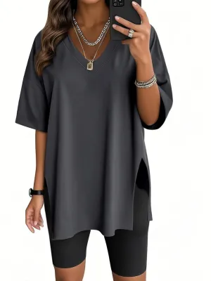 Womens Oversized Tshirts Workout Gym Shirts Moon Print Tees Side Slit Plus Size Top