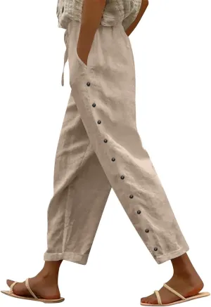 Womens Pants, Linen Peasant Pants Casual Straight Leg Trendy Elastic Waist Drawstring