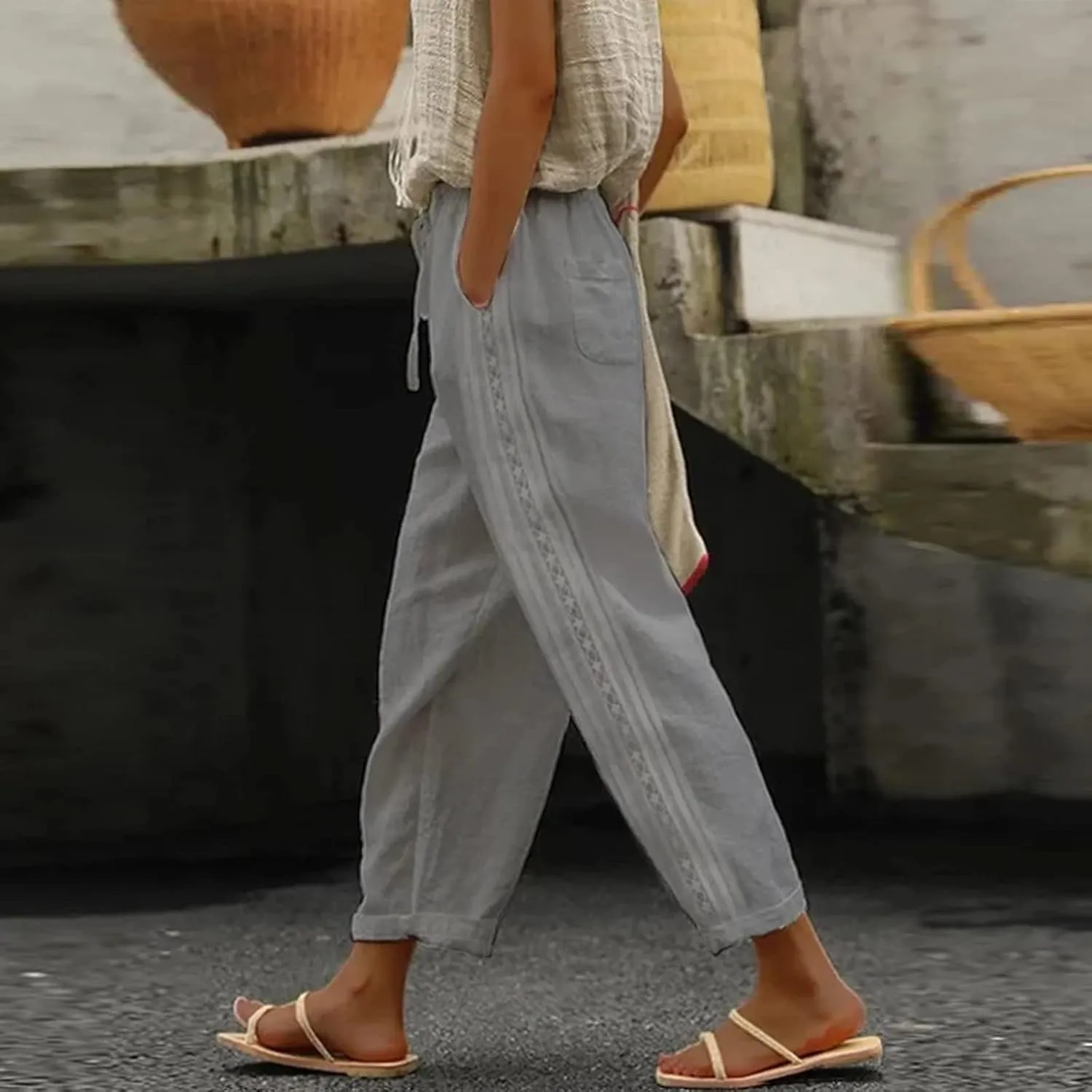 Womens Pants, Linen Peasant Pants Casual Straight Leg Trendy Elastic Waist Drawstring