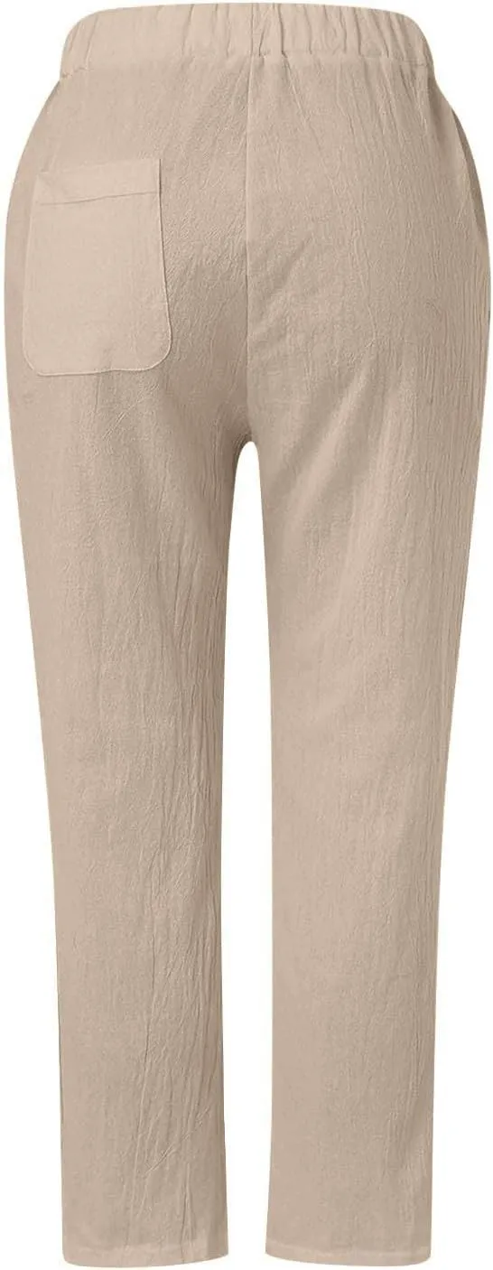 Womens Pants, Linen Peasant Pants Casual Straight Leg Trendy Elastic Waist Drawstring