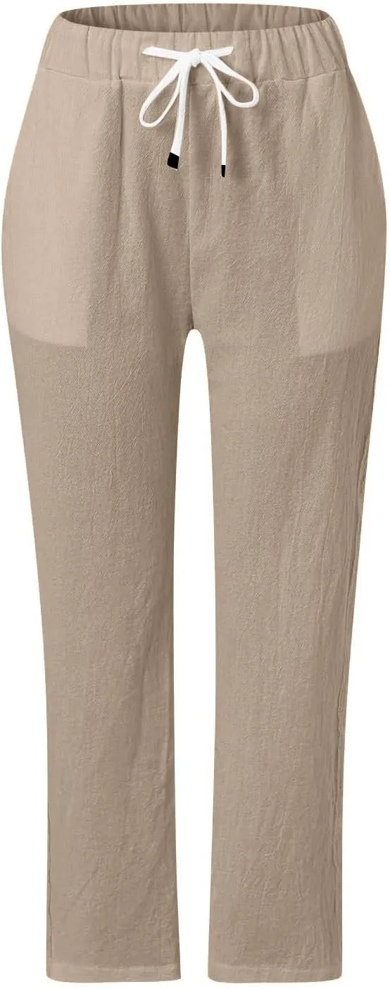 Womens Pants, Linen Peasant Pants Casual Straight Leg Trendy Elastic Waist Drawstring