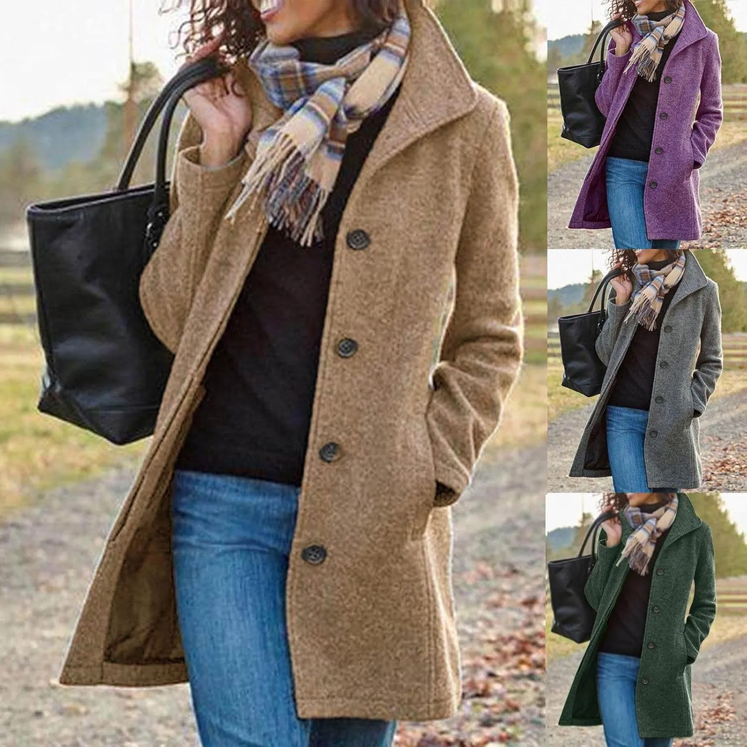 Womens Pea Coat Casual Thicken Wool Blend Stand Collar Trench Coats Single Breasted Mid-Long Peacoat Jackets
