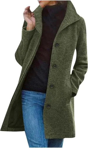 Womens Pea Coat Casual Thicken Wool Blend Stand Collar Trench Coats Single Breasted Mid-Long Peacoat Jackets