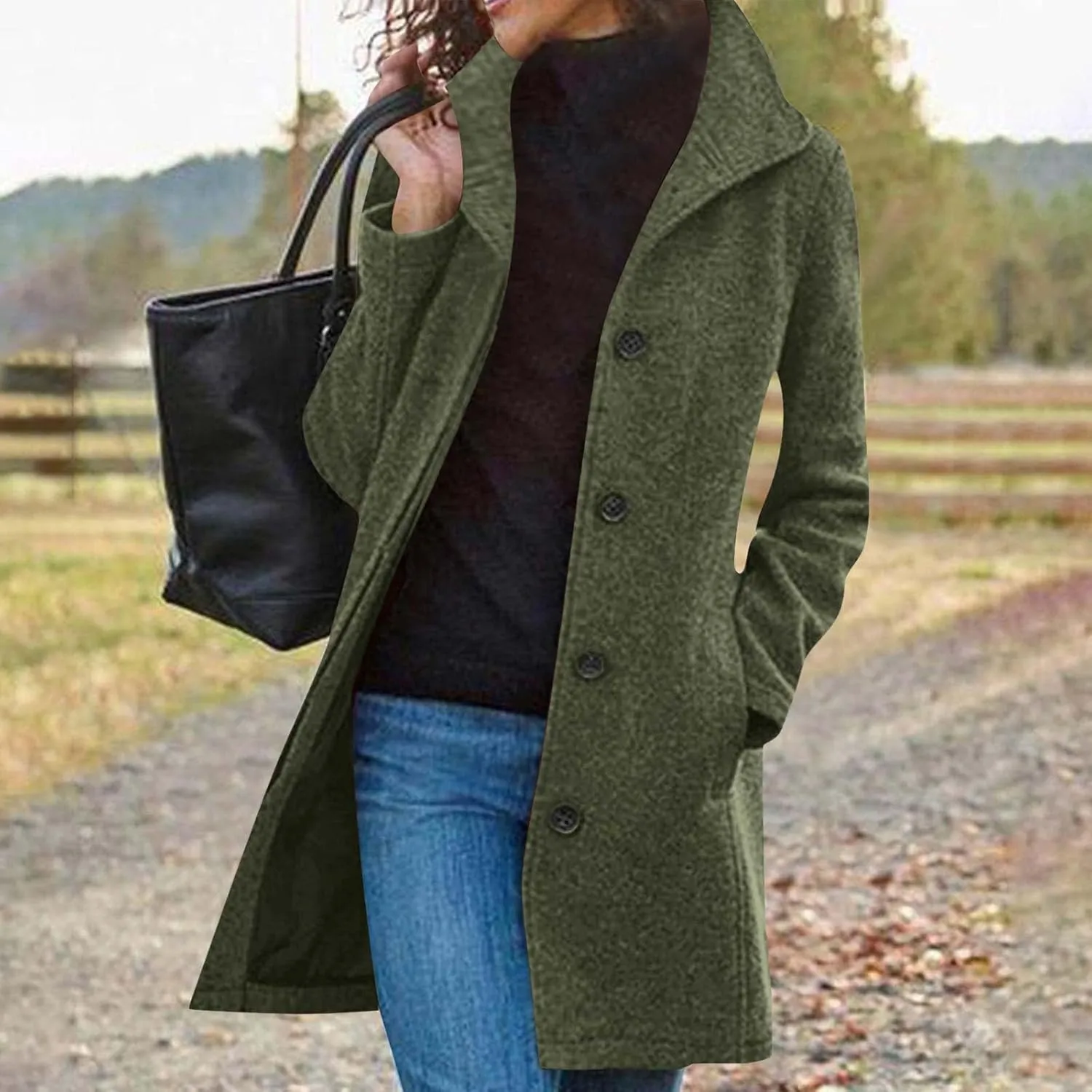 Womens Pea Coat Casual Thicken Wool Blend Stand Collar Trench Coats Single Breasted Mid-Long Peacoat Jackets