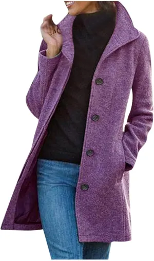 Womens Pea Coat Casual Thicken Wool Blend Stand Collar Trench Coats Single Breasted Mid-Long Peacoat Jackets