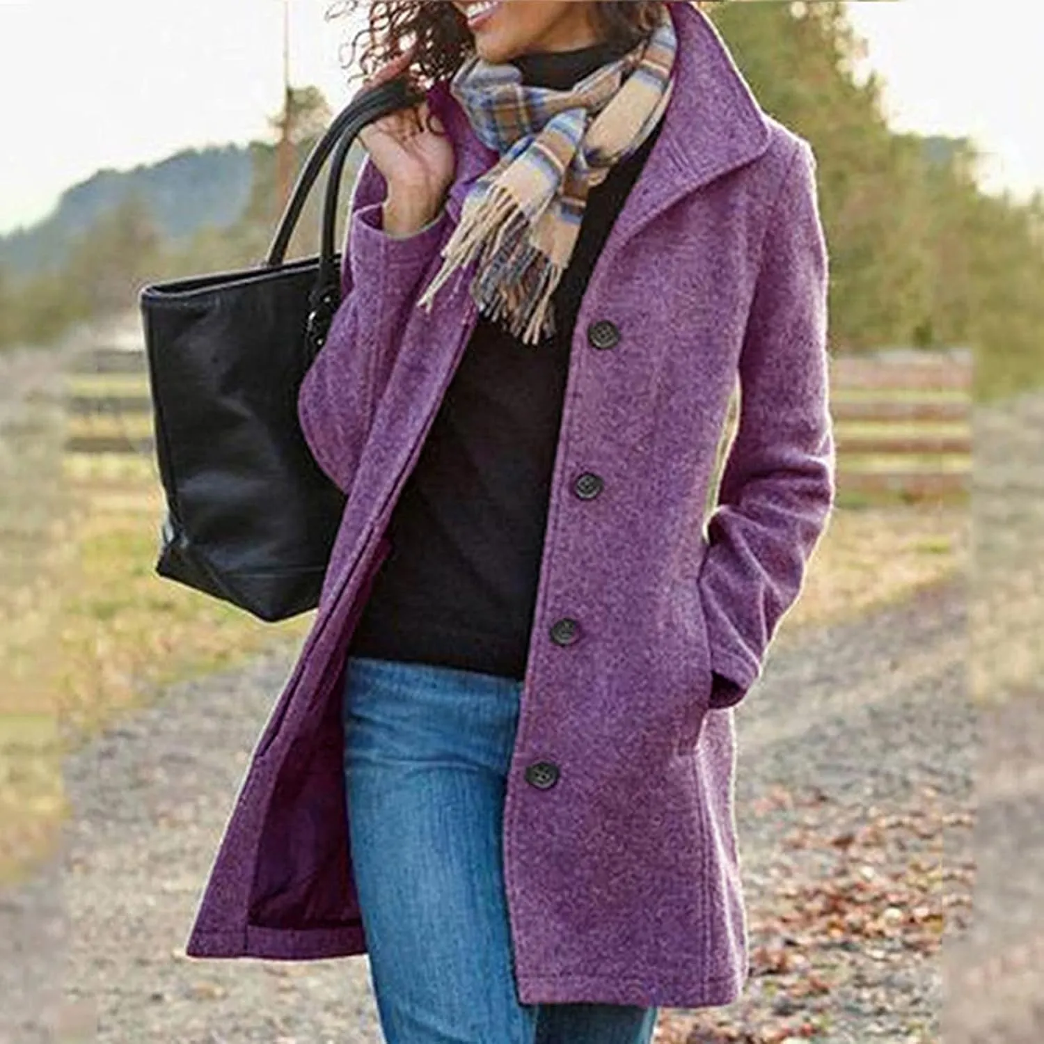Womens Pea Coat Casual Thicken Wool Blend Stand Collar Trench Coats Single Breasted Mid-Long Peacoat Jackets