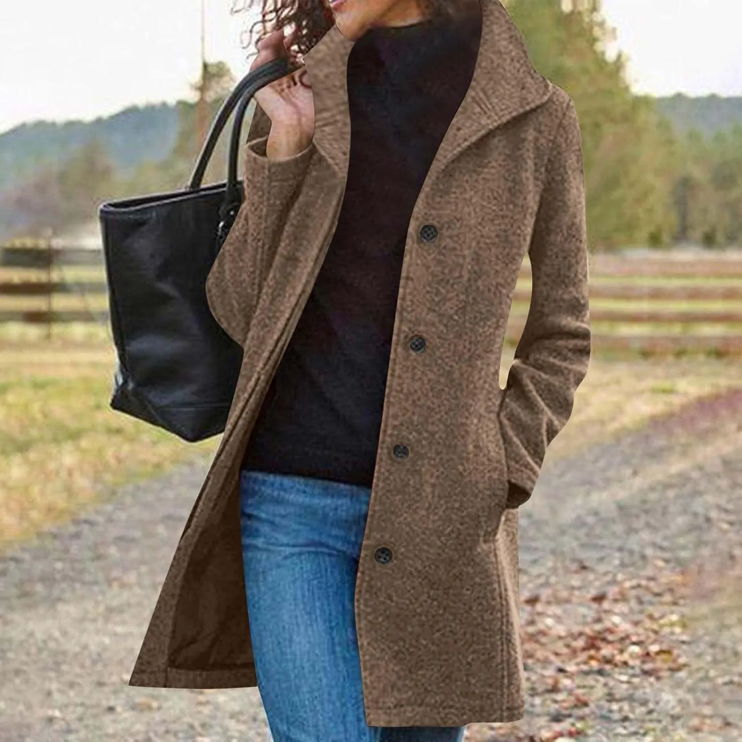 Womens Pea Coat Casual Thicken Wool Blend Stand Collar Trench Coats Single Breasted Mid-Long Peacoat Jackets