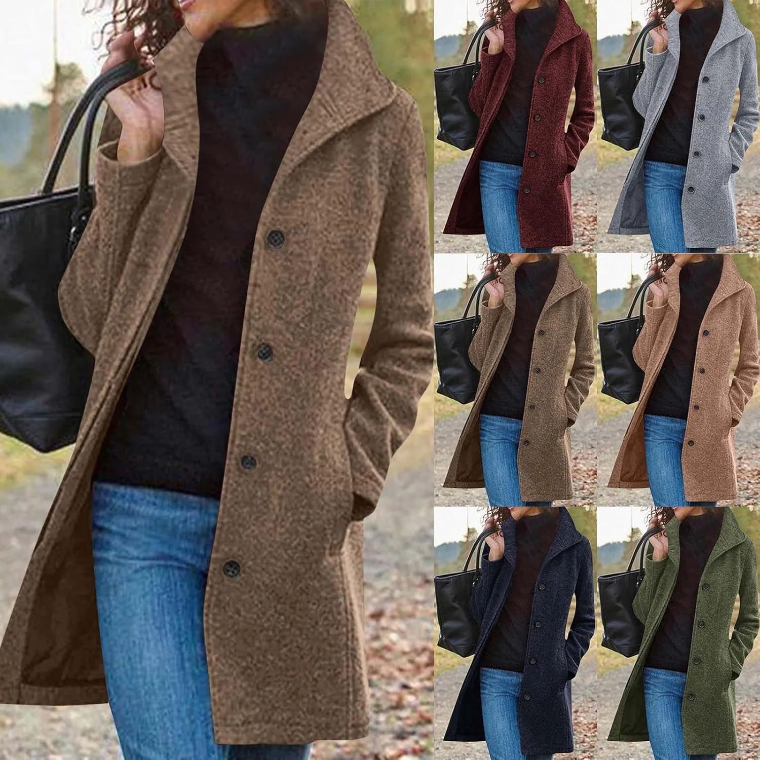 Womens Pea Coat Casual Thicken Wool Blend Stand Collar Trench Coats Single Breasted Mid-Long Peacoat Jackets