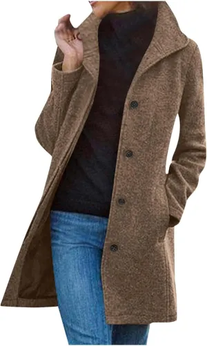 Womens Pea Coat Casual Thicken Wool Blend Stand Collar Trench Coats Single Breasted Mid-Long Peacoat Jackets