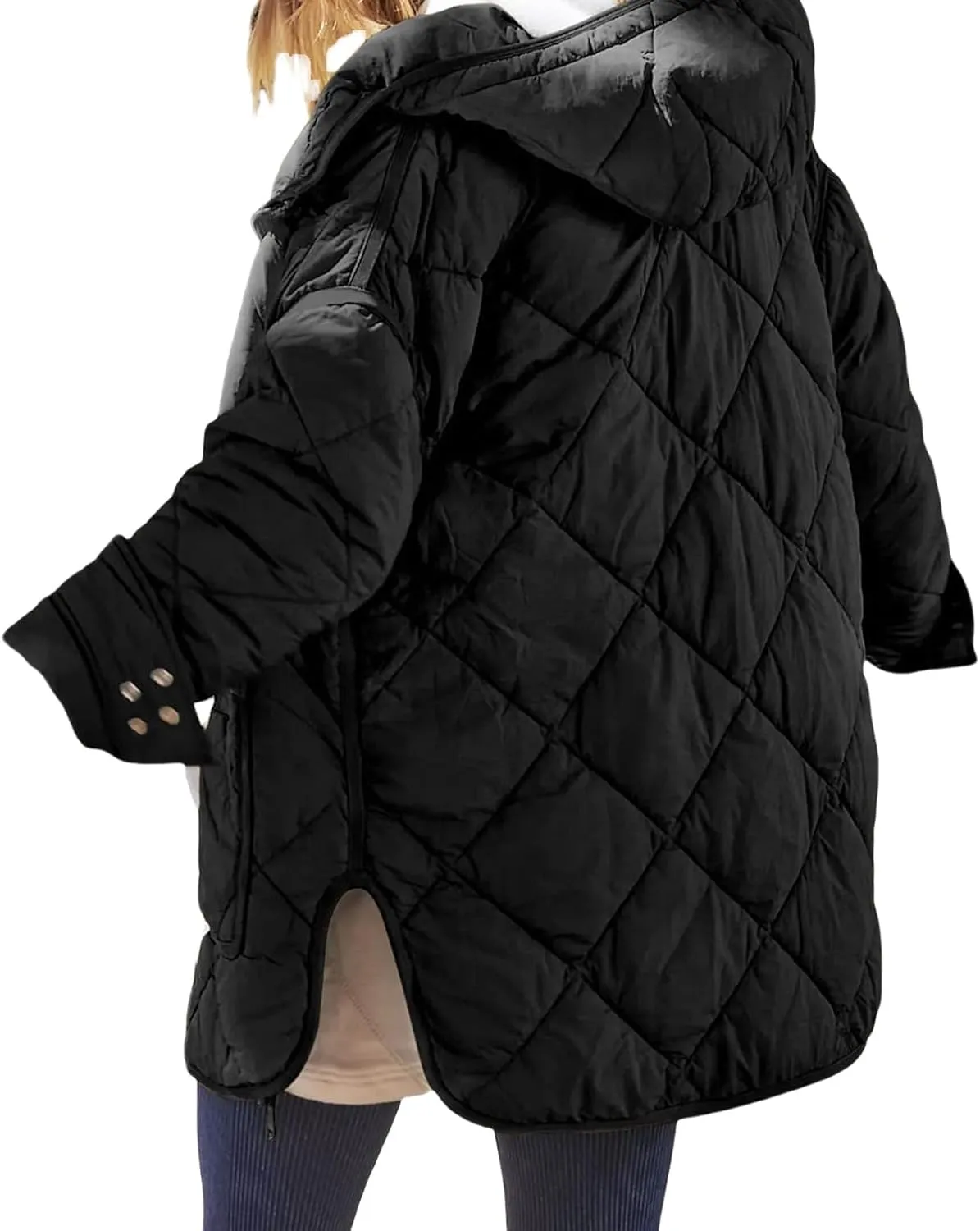 Women's Quilted Puffer Jacket Long Sleeve Zip Up Down Coat Lightweight Side Slit Outwear Winter Warm Coats with Pockets