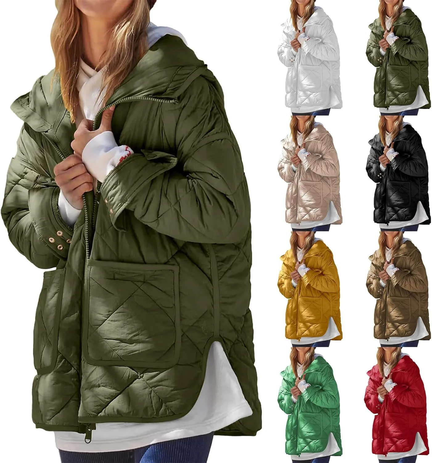 Women's Quilted Puffer Jacket Long Sleeve Zip Up Down Coat Lightweight Side Slit Outwear Winter Warm Coats with Pockets
