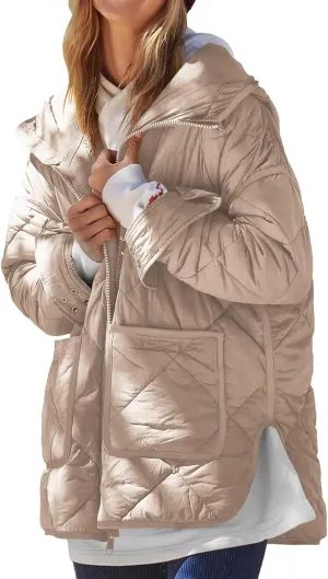 Women's Quilted Puffer Jacket Long Sleeve Zip Up Down Coat Lightweight Side Slit Outwear Winter Warm Coats with Pockets