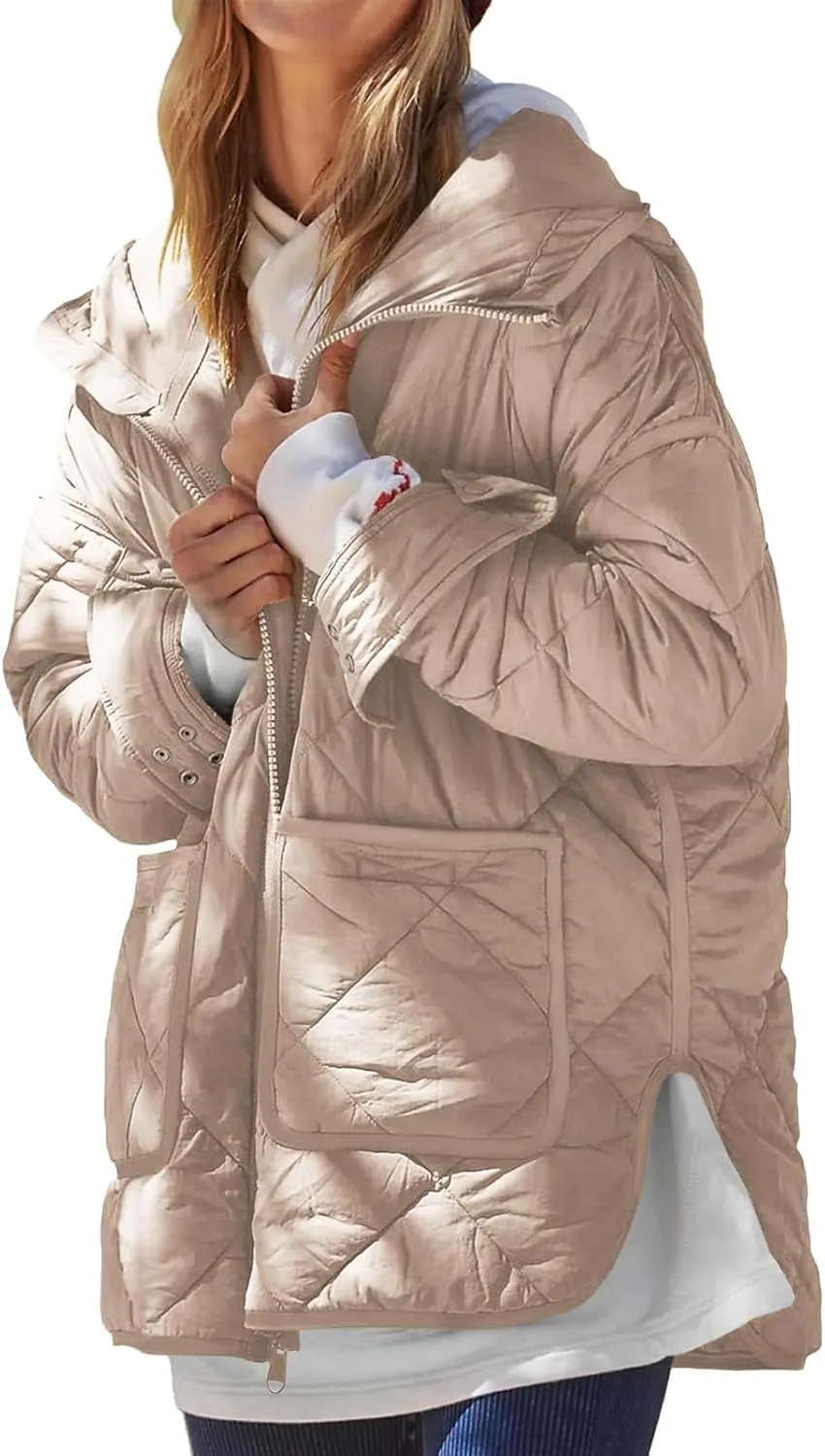 Women's Quilted Puffer Jacket Long Sleeve Zip Up Down Coat Lightweight Side Slit Outwear Winter Warm Coats with Pockets