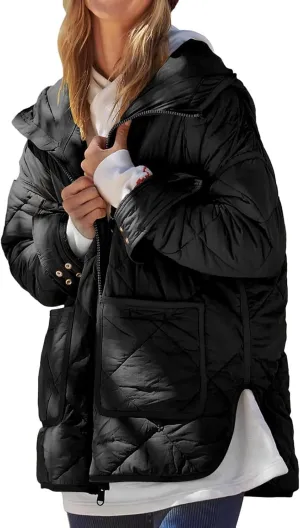 Women's Quilted Puffer Jacket Long Sleeve Zip Up Down Coat Lightweight Side Slit Outwear Winter Warm Coats with Pockets