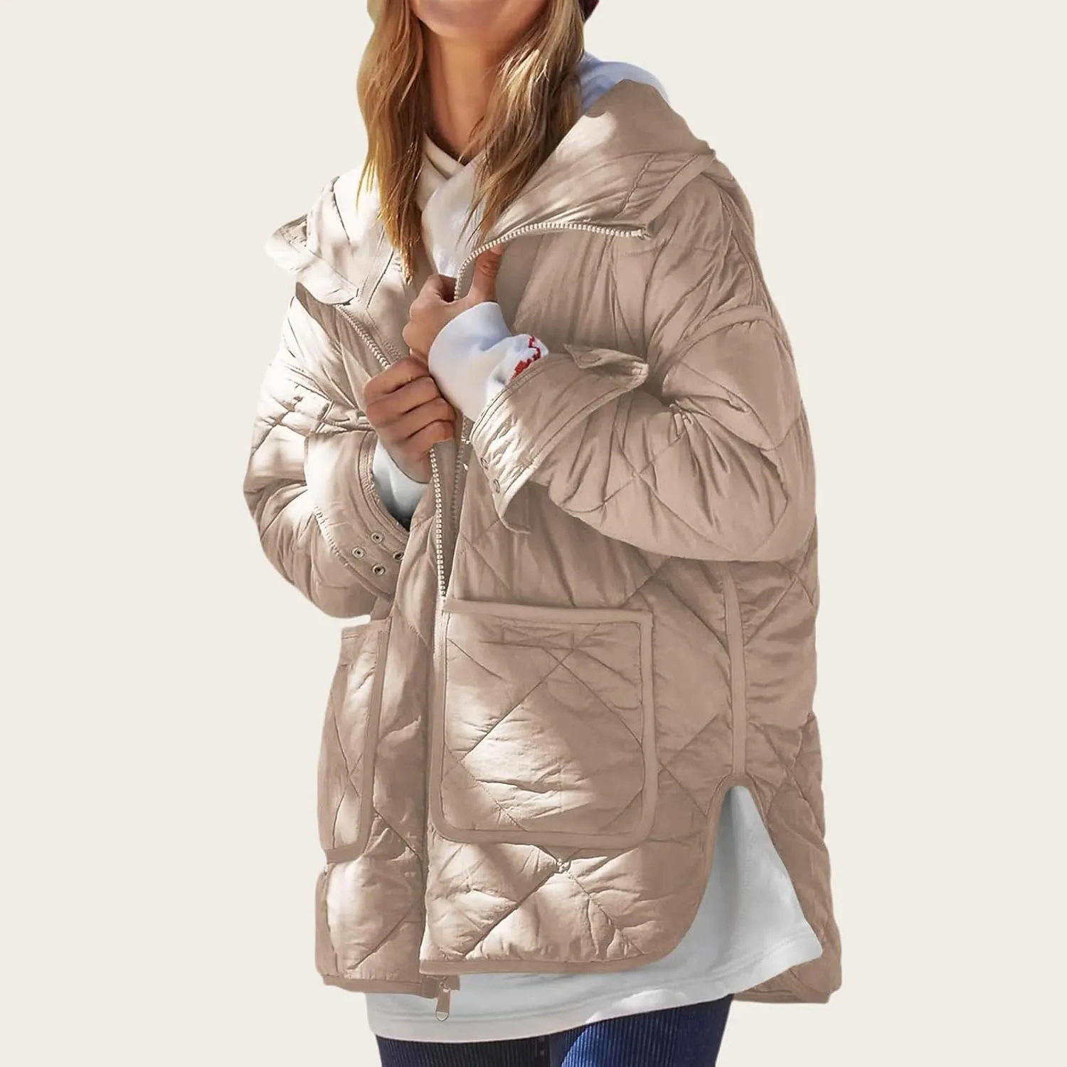 Women's Quilted Puffer Jacket Long Sleeve Zip Up Down Coat Lightweight Side Slit Outwear Winter Warm Coats with Pockets
