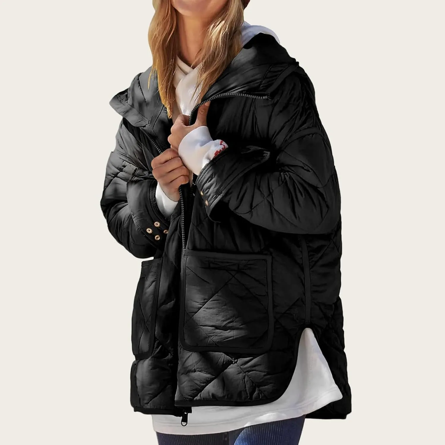 Women's Quilted Puffer Jacket Long Sleeve Zip Up Down Coat Lightweight Side Slit Outwear Winter Warm Coats with Pockets