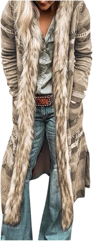 Womens Raw Hem Long Cardigans Trench Coat Oversized Boho Western Faux Fur Hoodie Overcoat Vintage Midi Length Outwear