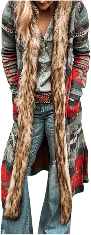 Womens Raw Hem Long Cardigans Trench Coat Oversized Boho Western Faux Fur Hoodie Overcoat Vintage Midi Length Outwear
