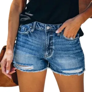 Women's Ripped Denim Jean Shorts High Waisted Frayed Raw Hem Distressed Denim Shorts Summer Hot Pants with Pockets