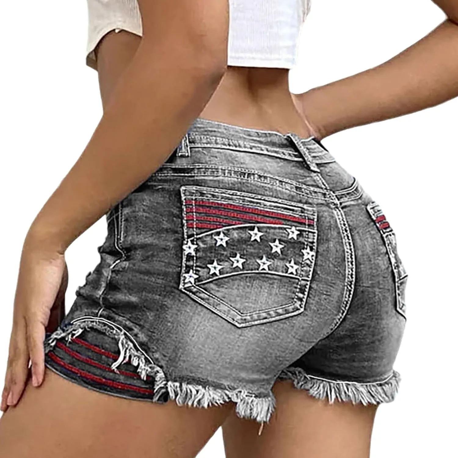 Women's Ripped High Waisted Jean Shorts American Flag Frayed Raw Hem Casual Denim Shorts