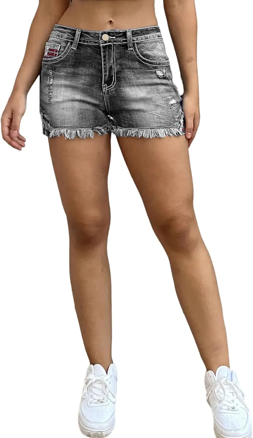 Women's Ripped High Waisted Jean Shorts American Flag Frayed Raw Hem Casual Denim Shorts
