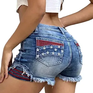 Women's Ripped High Waisted Jean Shorts American Flag Frayed Raw Hem Casual Denim Shorts