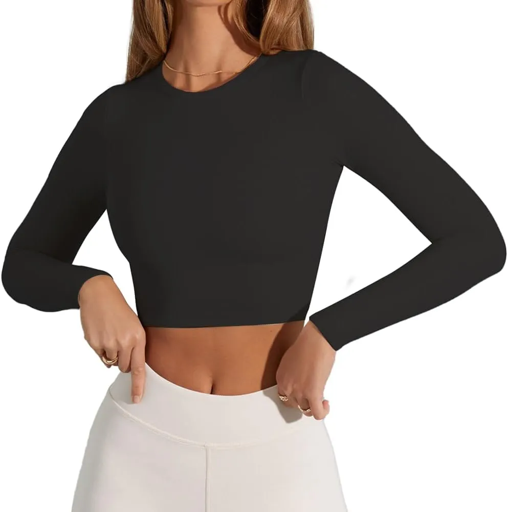 Women's Sexy Crew Neck Crop Top Long Sleeve Basic Fitted Tight Cropped T Shirts