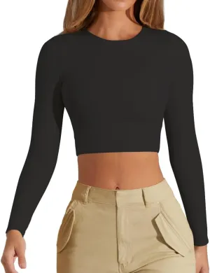 Women's Sexy Crew Neck Crop Top Long Sleeve Basic Fitted Tight Cropped T Shirts