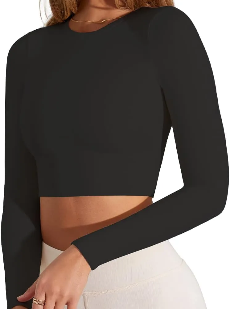 Women's Sexy Crew Neck Crop Top Long Sleeve Basic Fitted Tight Cropped T Shirts