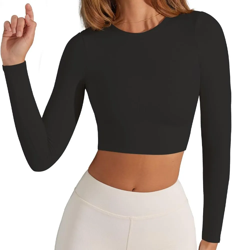 Women's Sexy Crew Neck Crop Top Long Sleeve Basic Fitted Tight Cropped T Shirts