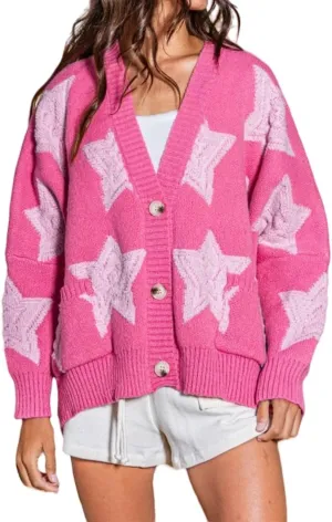 Women's Star Print Button Down V Neck Drop Shoulder Open Front Knit Cardigan Sweater