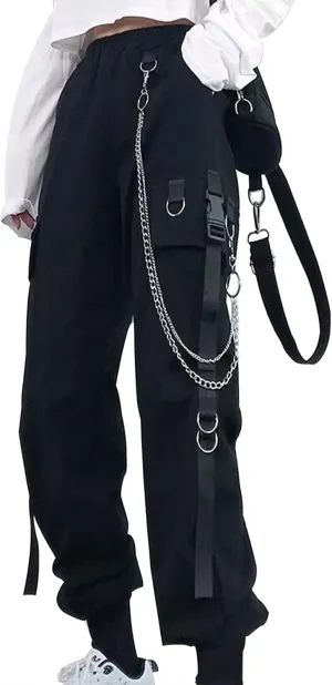Womens Straight Wide Leg Cargo Pants Elastic Waist Elastic Waist Pants with Chain Jogging Sweatpants