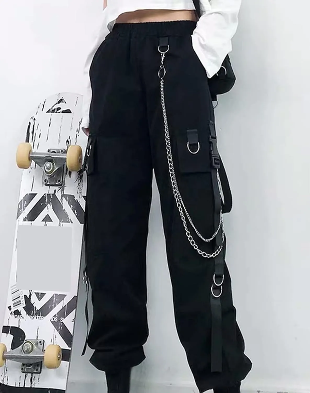 Womens Straight Wide Leg Cargo Pants Elastic Waist Elastic Waist Pants with Chain Jogging Sweatpants