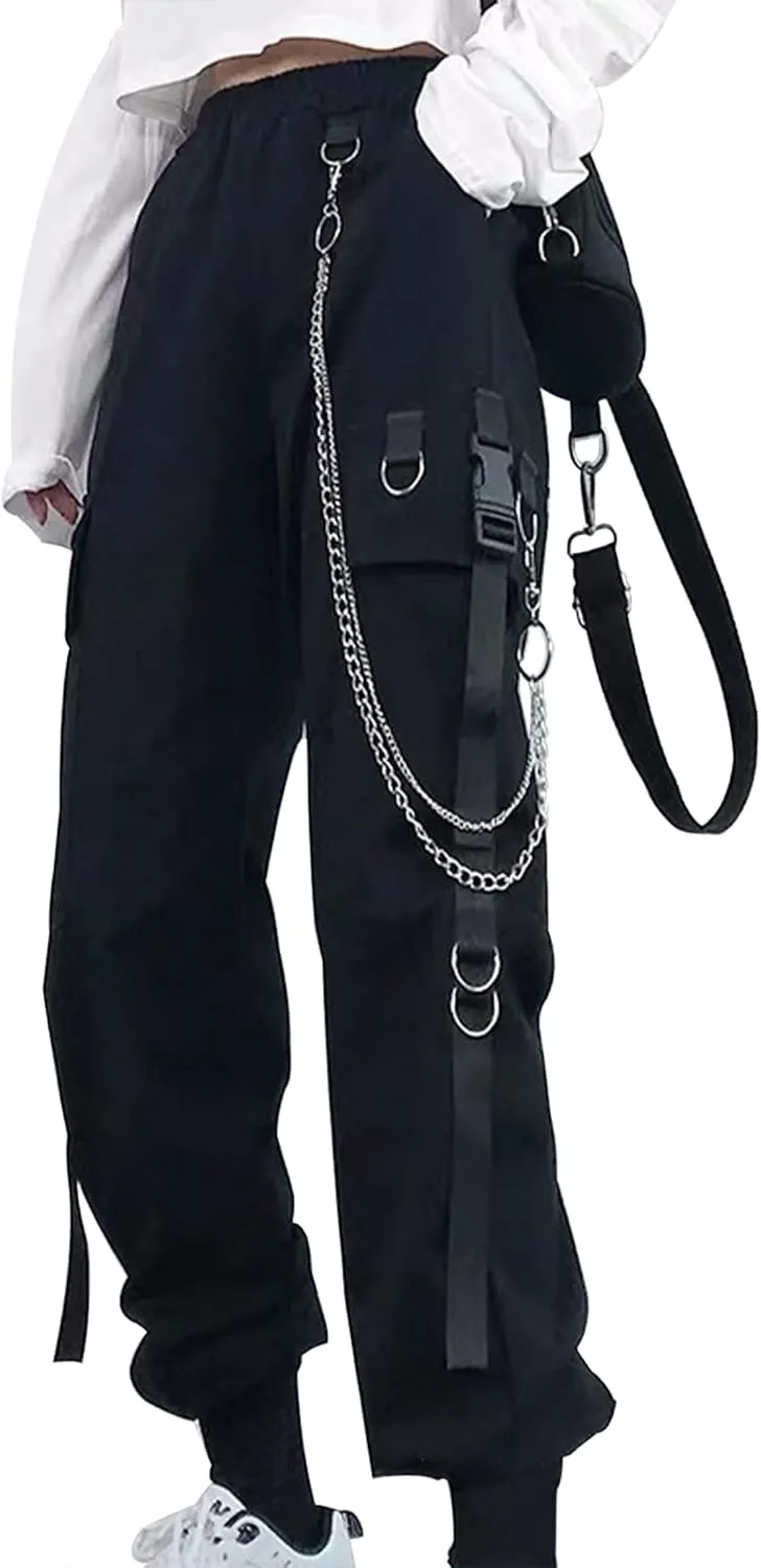 Womens Straight Wide Leg Cargo Pants Elastic Waist Elastic Waist Pants with Chain Jogging Sweatpants