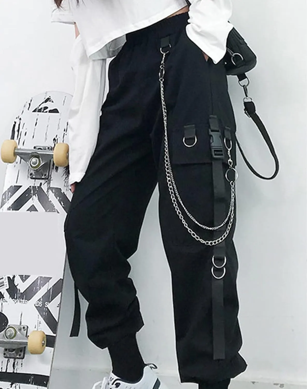 Womens Straight Wide Leg Cargo Pants Elastic Waist Elastic Waist Pants with Chain Jogging Sweatpants