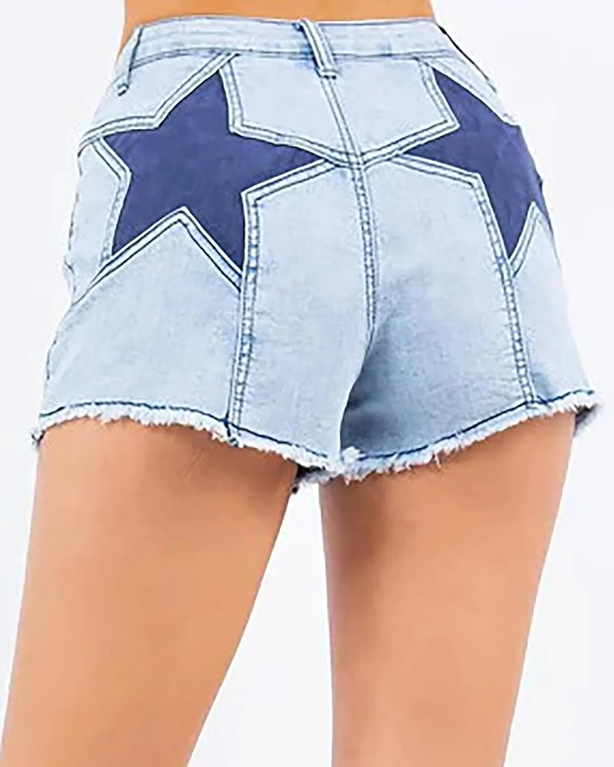 Women's Stretch High Waisted Denim Shorts Star Patchwork Frayed Raw Hem Casual Jean Shorts