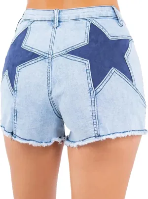 Women's Stretch High Waisted Denim Shorts Star Patchwork Frayed Raw Hem Casual Jean Shorts