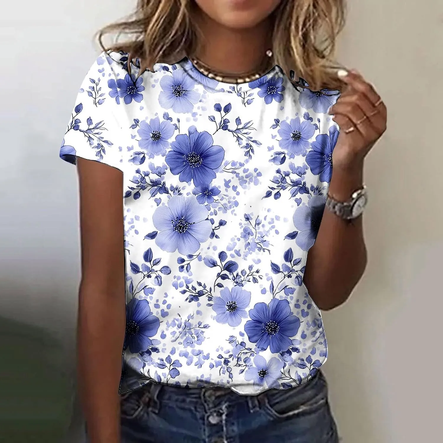 Womens Summer Tops Dressy Casual Short Sleeve Shirts Cute Floral Print Tees Crew Neck Pullover Fashion Blouses