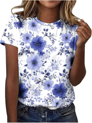 Womens Summer Tops Dressy Casual Short Sleeve Shirts Cute Floral Print Tees Crew Neck Pullover Fashion Blouses