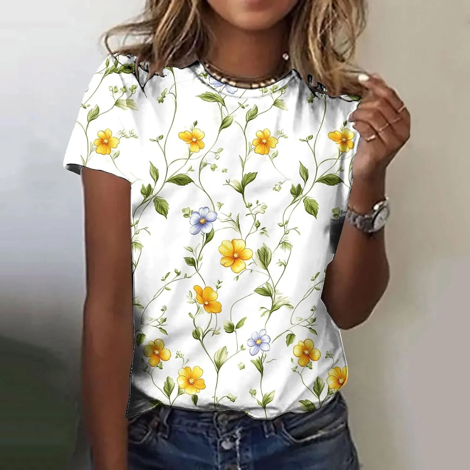 Womens Summer Tops Dressy Casual Short Sleeve Shirts Cute Floral Print Tees Crew Neck Pullover Fashion Blouses