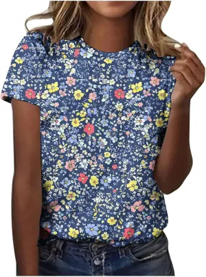 Womens Summer Tops Dressy Casual Short Sleeve Shirts Cute Floral Print Tees Crew Neck Pullover Fashion Blouses