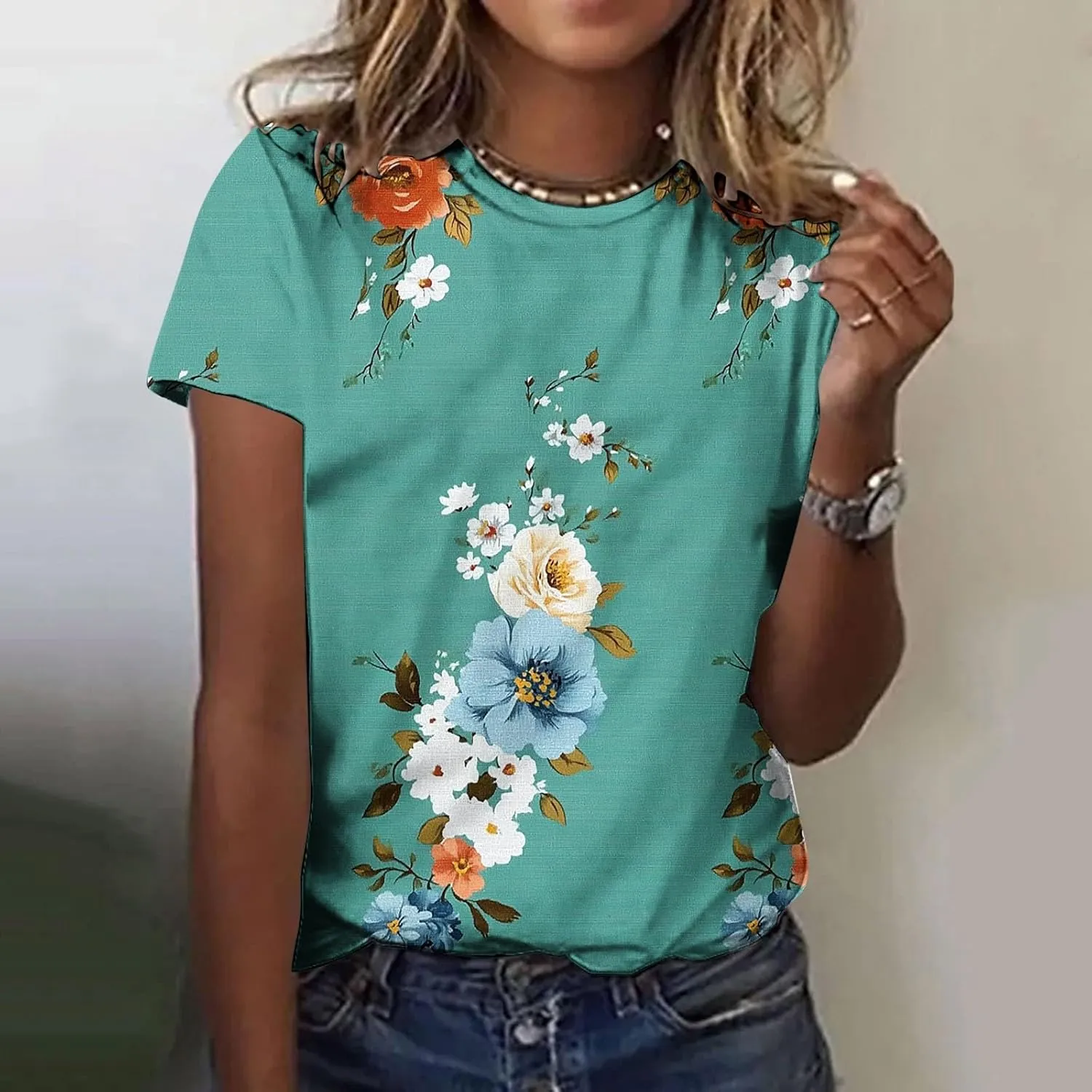 Womens Summer Tops Dressy Casual Short Sleeve Shirts Cute Floral Print Tees Crew Neck Pullover Fashion Blouses