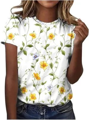 Womens Summer Tops Dressy Casual Short Sleeve Shirts Cute Floral Print Tees Crew Neck Pullover Fashion Blouses