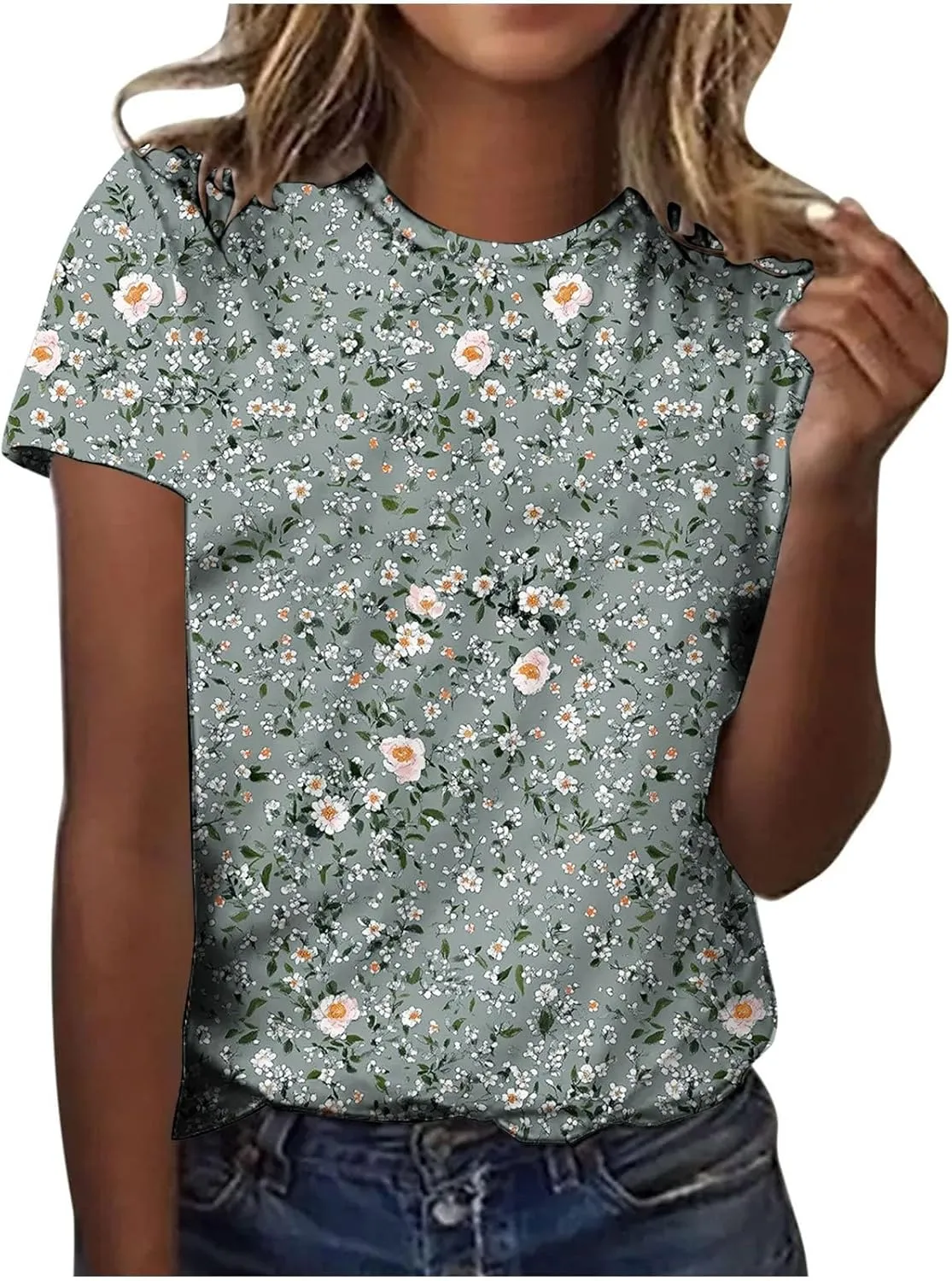Womens Summer Tops Dressy Casual Short Sleeve Shirts Cute Floral Print Tees Crew Neck Pullover Fashion Blouses