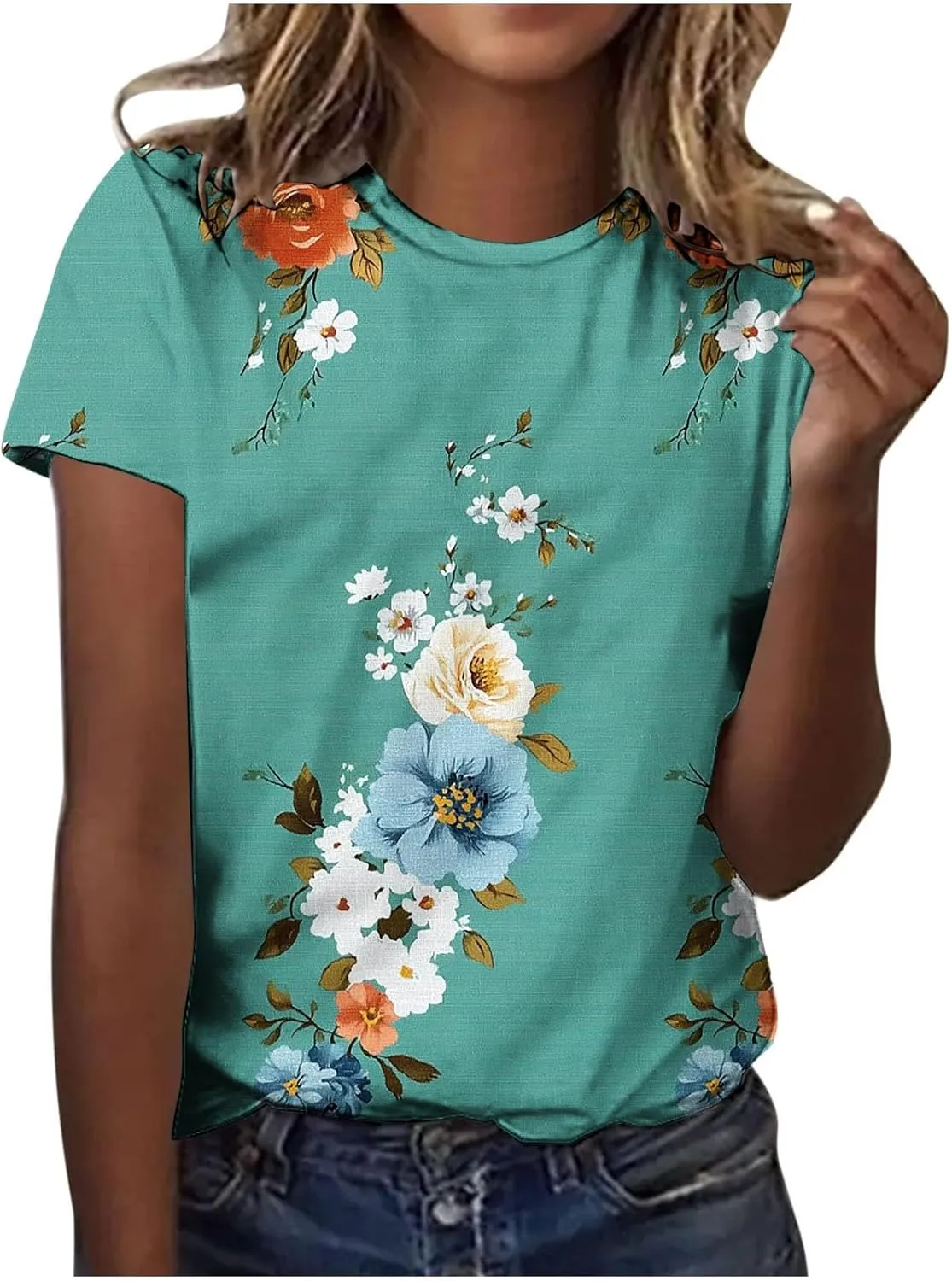 Womens Summer Tops Dressy Casual Short Sleeve Shirts Cute Floral Print Tees Crew Neck Pullover Fashion Blouses