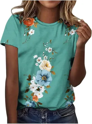 Womens Summer Tops Dressy Casual Short Sleeve Shirts Cute Floral Print Tees Crew Neck Pullover Fashion Blouses
