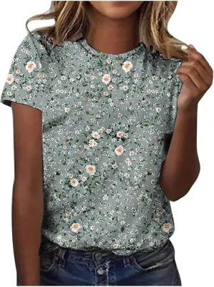 Womens Summer Tops Dressy Casual Short Sleeve Shirts Cute Floral Print Tees Crew Neck Pullover Fashion Blouses