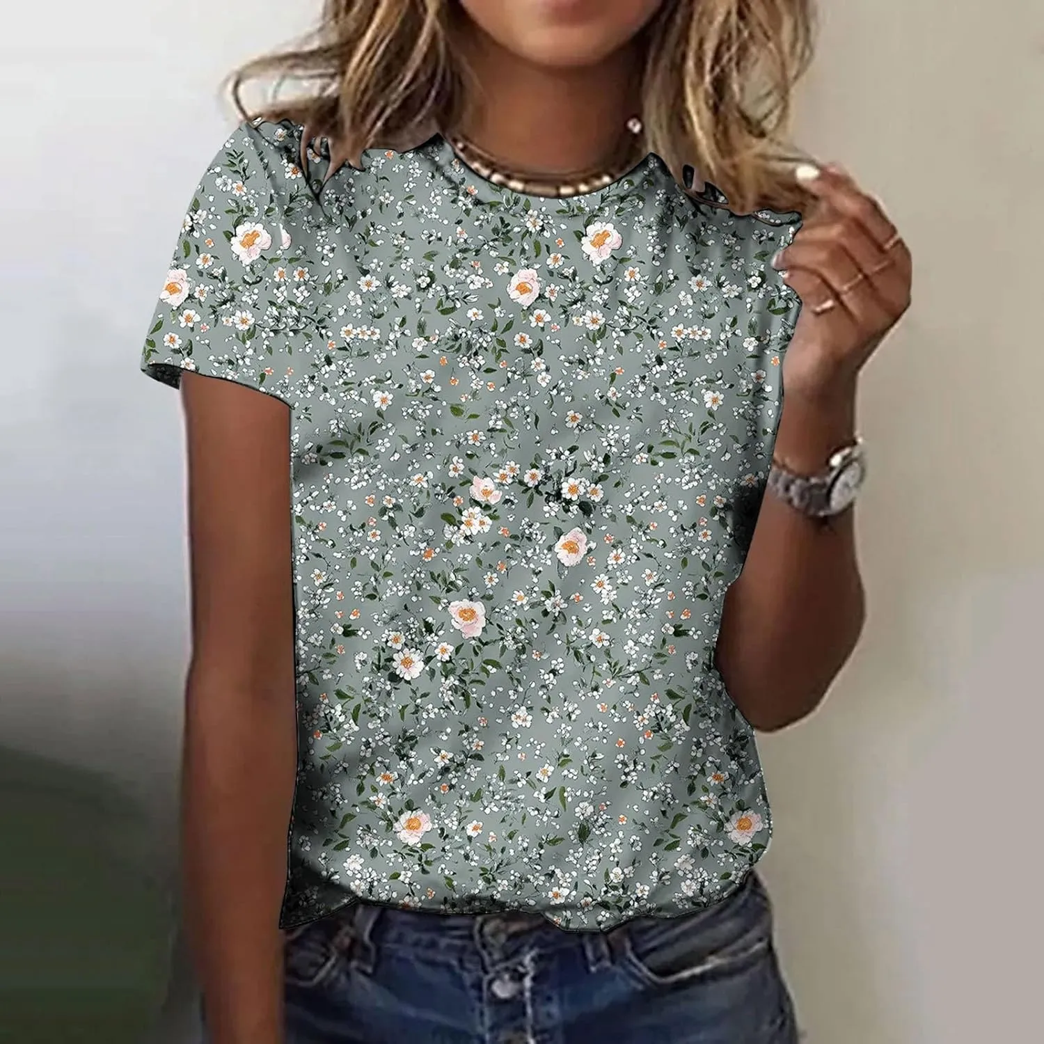 Womens Summer Tops Dressy Casual Short Sleeve Shirts Cute Floral Print Tees Crew Neck Pullover Fashion Blouses