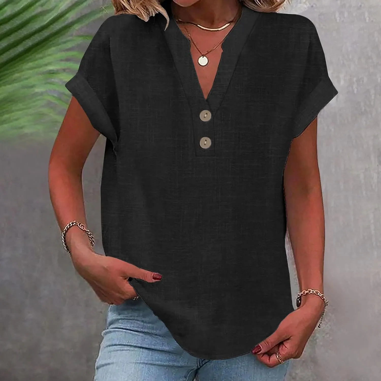 Womens Summer Tops Lightweight Trendy Linen Shirts Comfy Button Down Short Sleeve V Neck Tops Casual Dressy Blouses