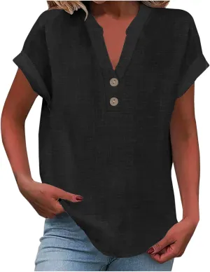 Womens Summer Tops Lightweight Trendy Linen Shirts Comfy Button Down Short Sleeve V Neck Tops Casual Dressy Blouses